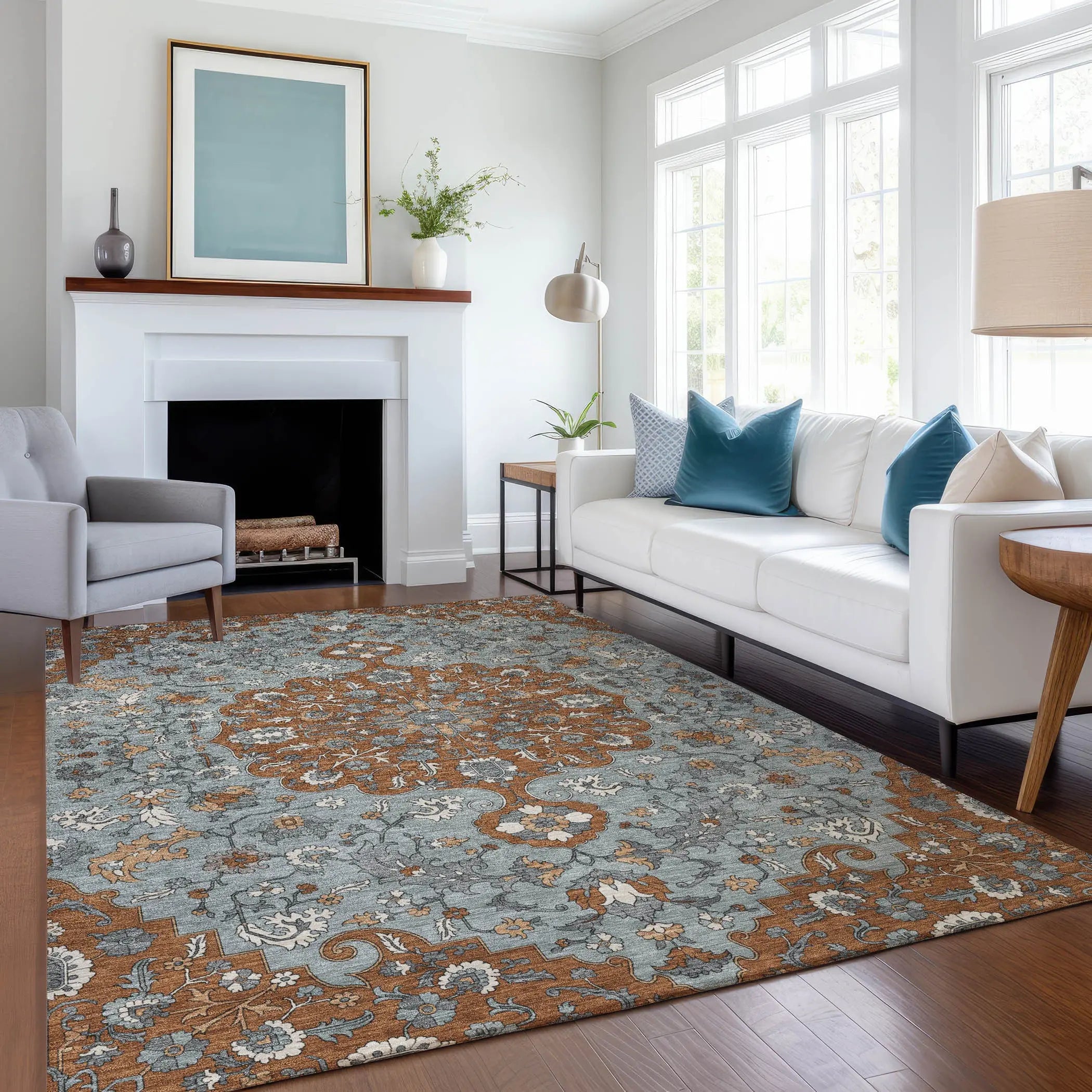 3' X 5' Orange And Gray Floral Medallion Washable Indoor Outdoor Area Rug Homeroots Outdoor