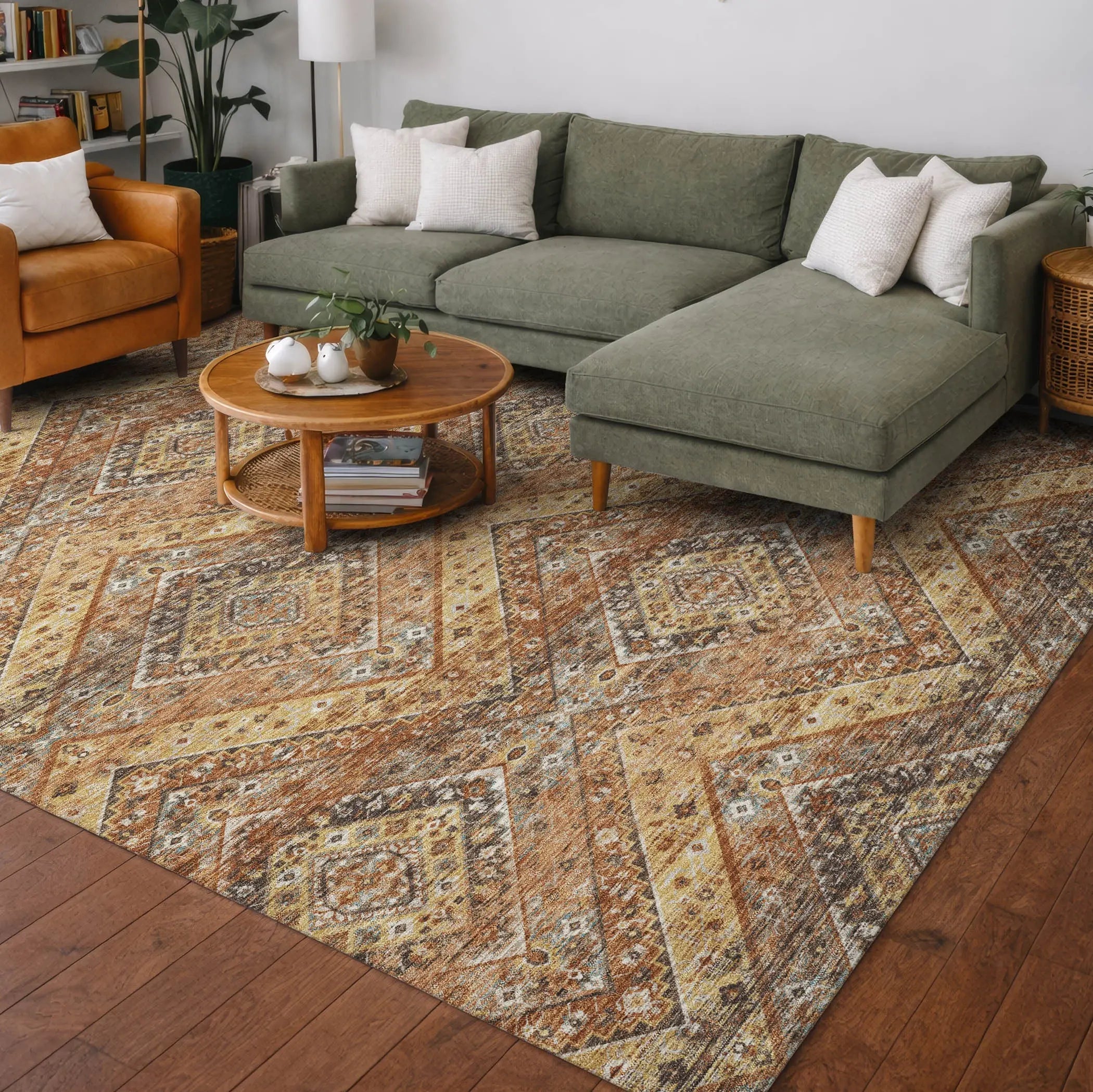 3' X 5' Orange And Green Tribal Washable Indoor Outdoor Area Rug Homeroots Outdoor