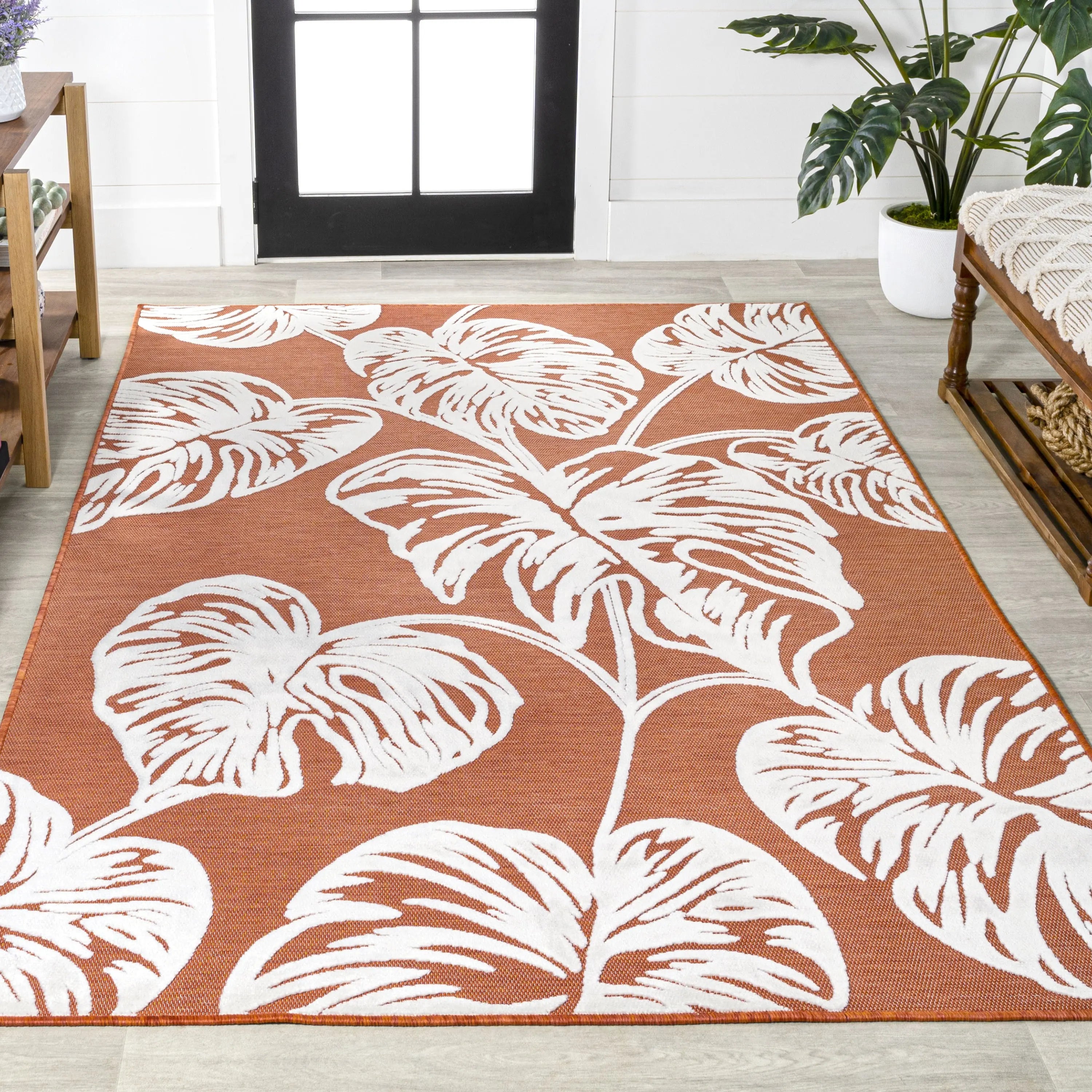3' X 5' Orange And Ivory Floral Indoor Outdoor Area Rug Homeroots Outdoor