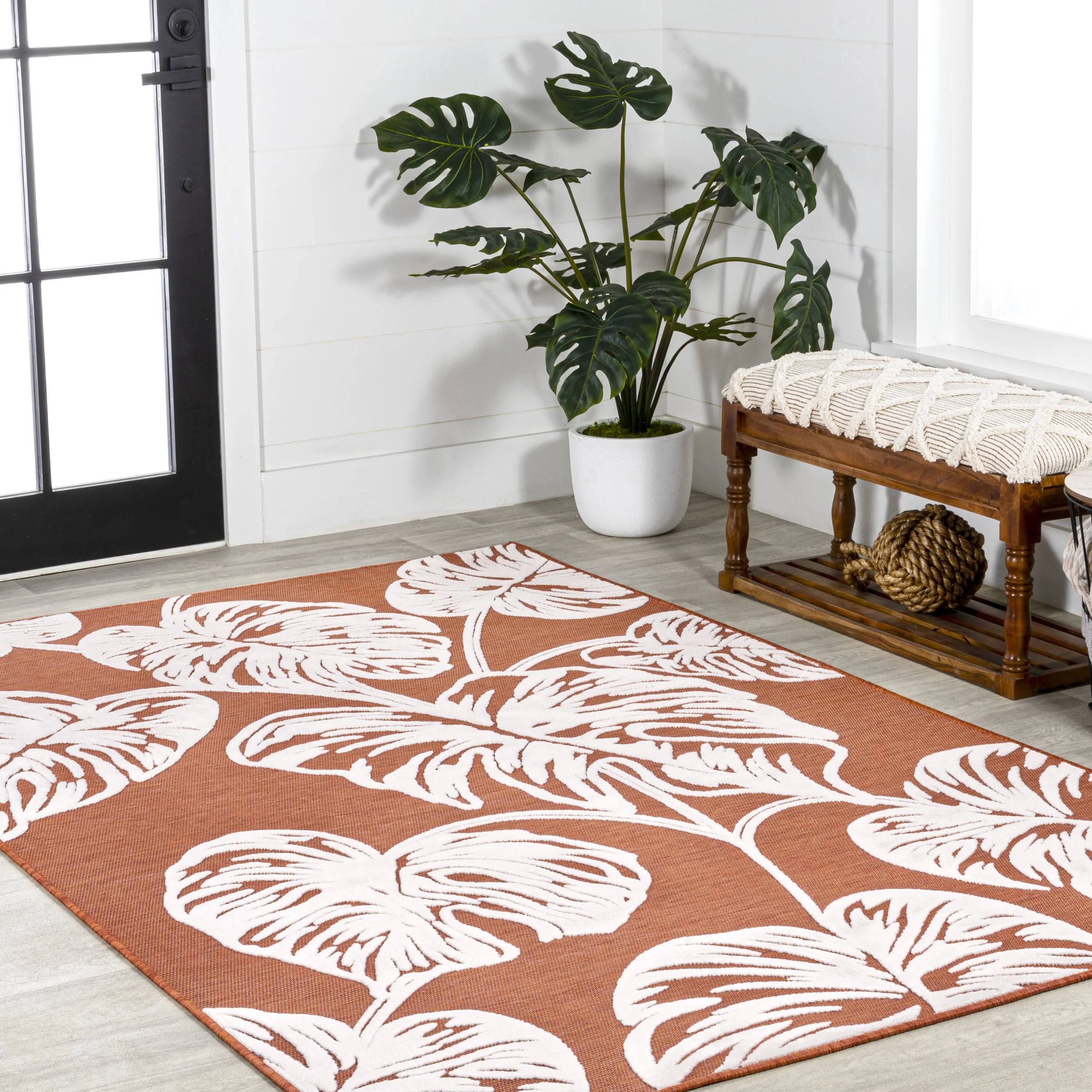 3' X 5' Orange And Ivory Floral Indoor Outdoor Area Rug Homeroots Outdoor