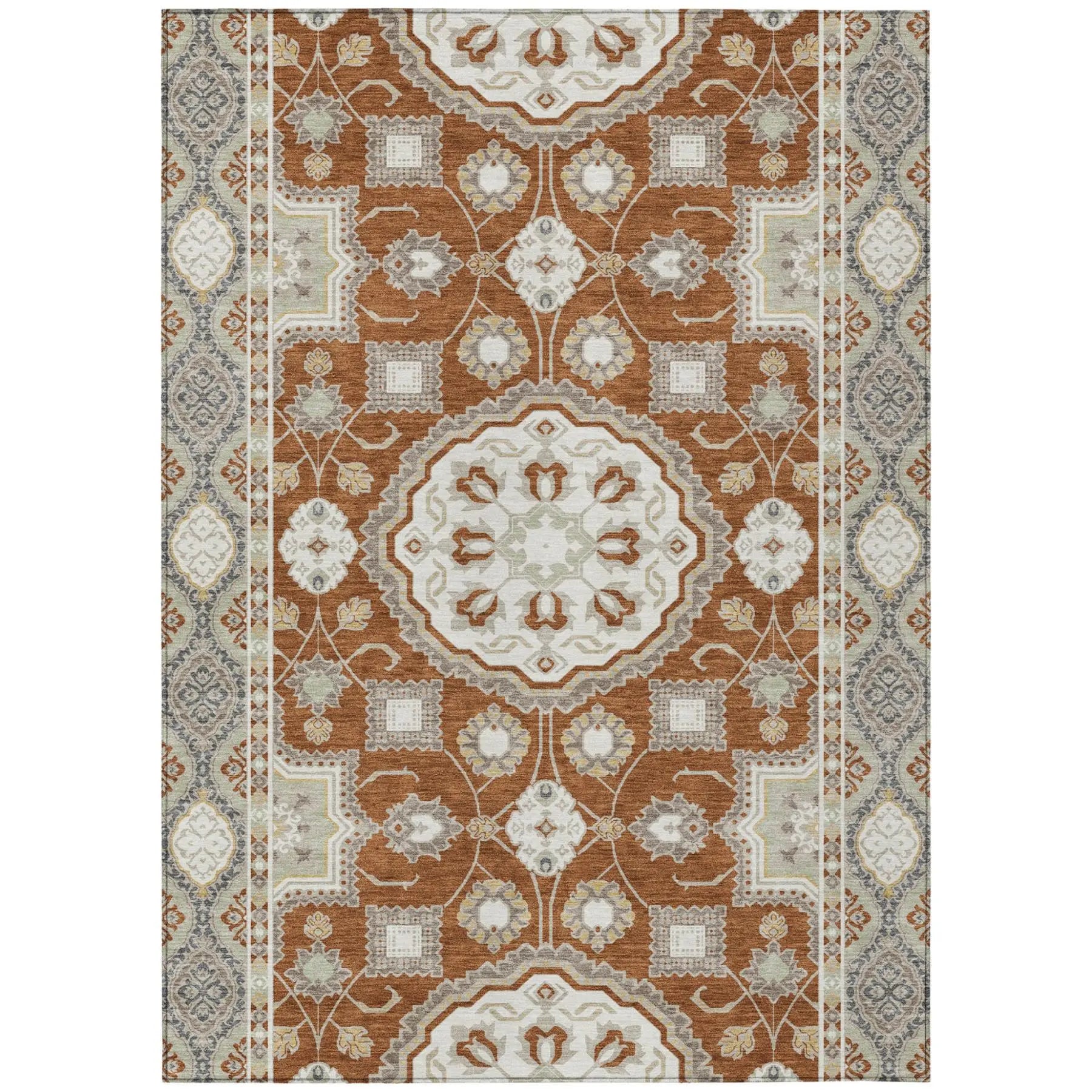 3' X 5' Orange And Ivory Floral Medallion Washable Indoor Outdoor Area Rug Homeroots Outdoor