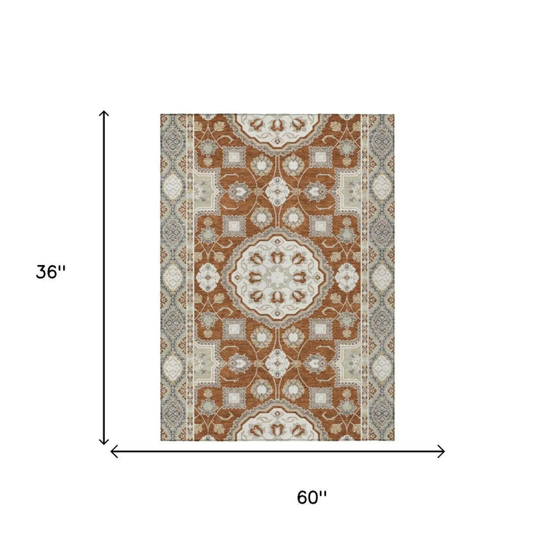 3' X 5' Orange And Ivory Floral Medallion Washable Indoor Outdoor Area Rug Homeroots Outdoor