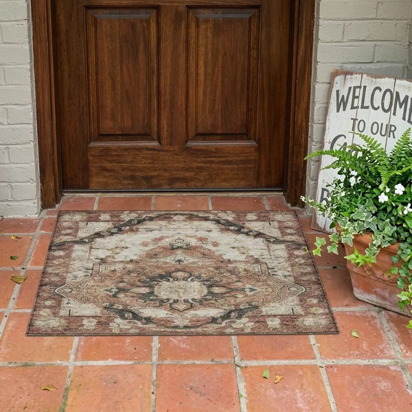 3' X 5' Orange And Ivory Floral Medallion Washable Indoor Outdoor Area Rug Homeroots Outdoor
