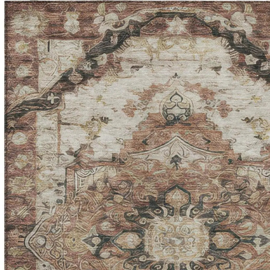 3' X 5' Orange And Ivory Floral Medallion Washable Indoor Outdoor Area Rug Homeroots Outdoor