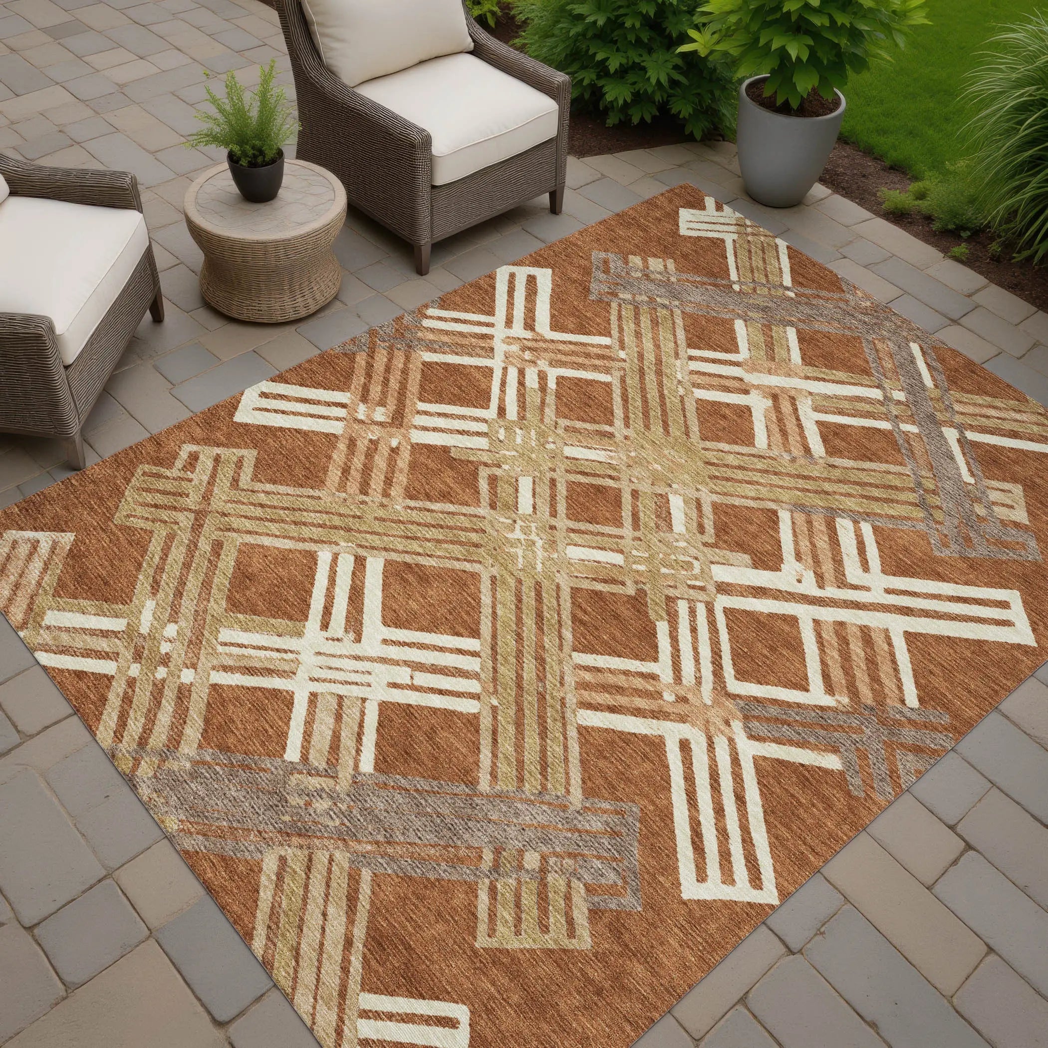 3' X 5' Orange And Ivory Geometric Washable Indoor Outdoor Area Rug Homeroots Outdoor