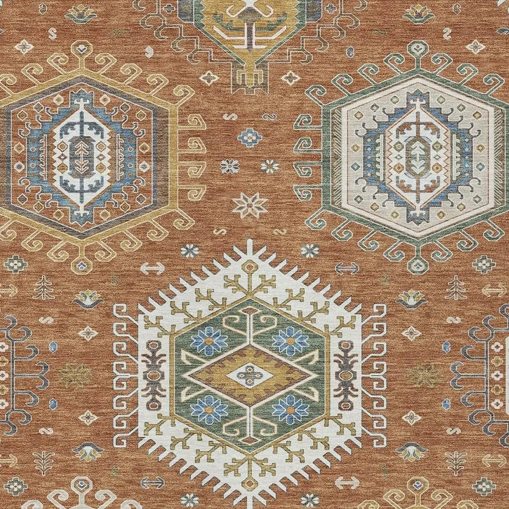 3' X 5' Orange And Ivory Tribal Washable Indoor Outdoor Area Rug Homeroots Outdoor
