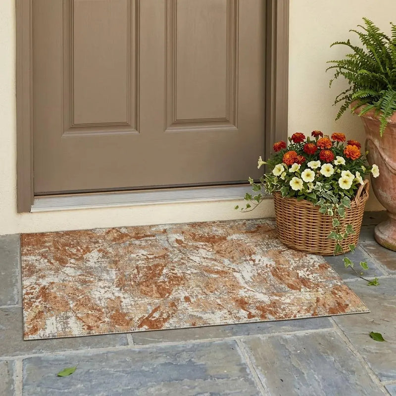 3' X 5' Orange And Khaki Abstract Washable Indoor Outdoor Area Rug Homeroots Outdoor