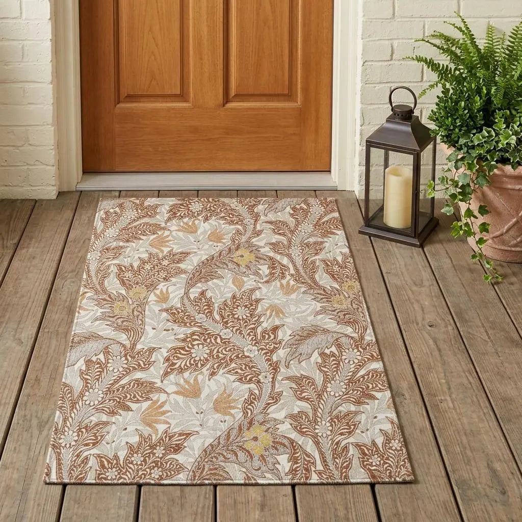 3' X 5' Orange And Khaki Botanical Leaves Washable Indoor Outdoor Area Rug Homeroots Outdoor