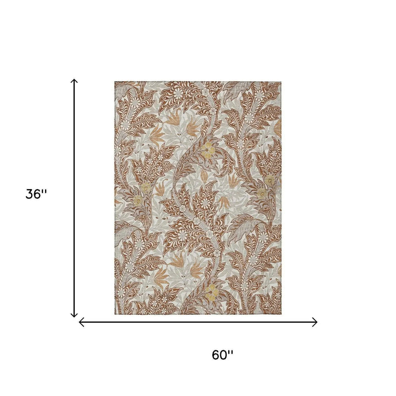 3' X 5' Orange And Khaki Botanical Leaves Washable Indoor Outdoor Area Rug Homeroots Outdoor