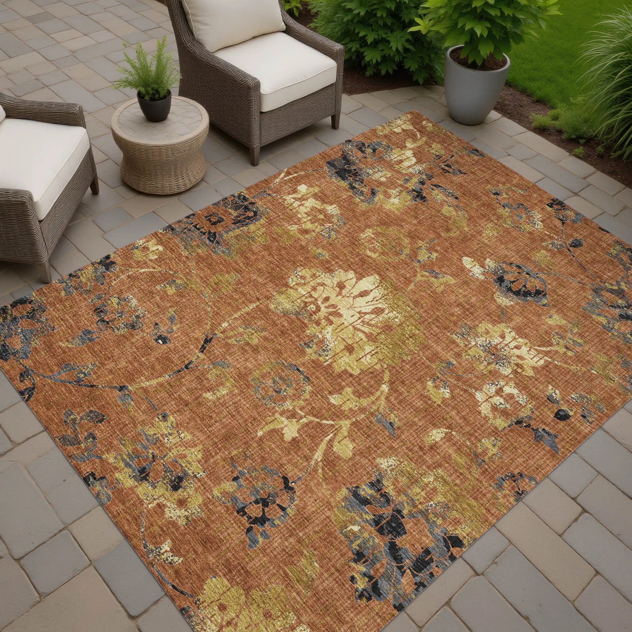 3' X 5' Orange And Rust Floral Washable Indoor Outdoor Area Rug Homeroots Outdoor