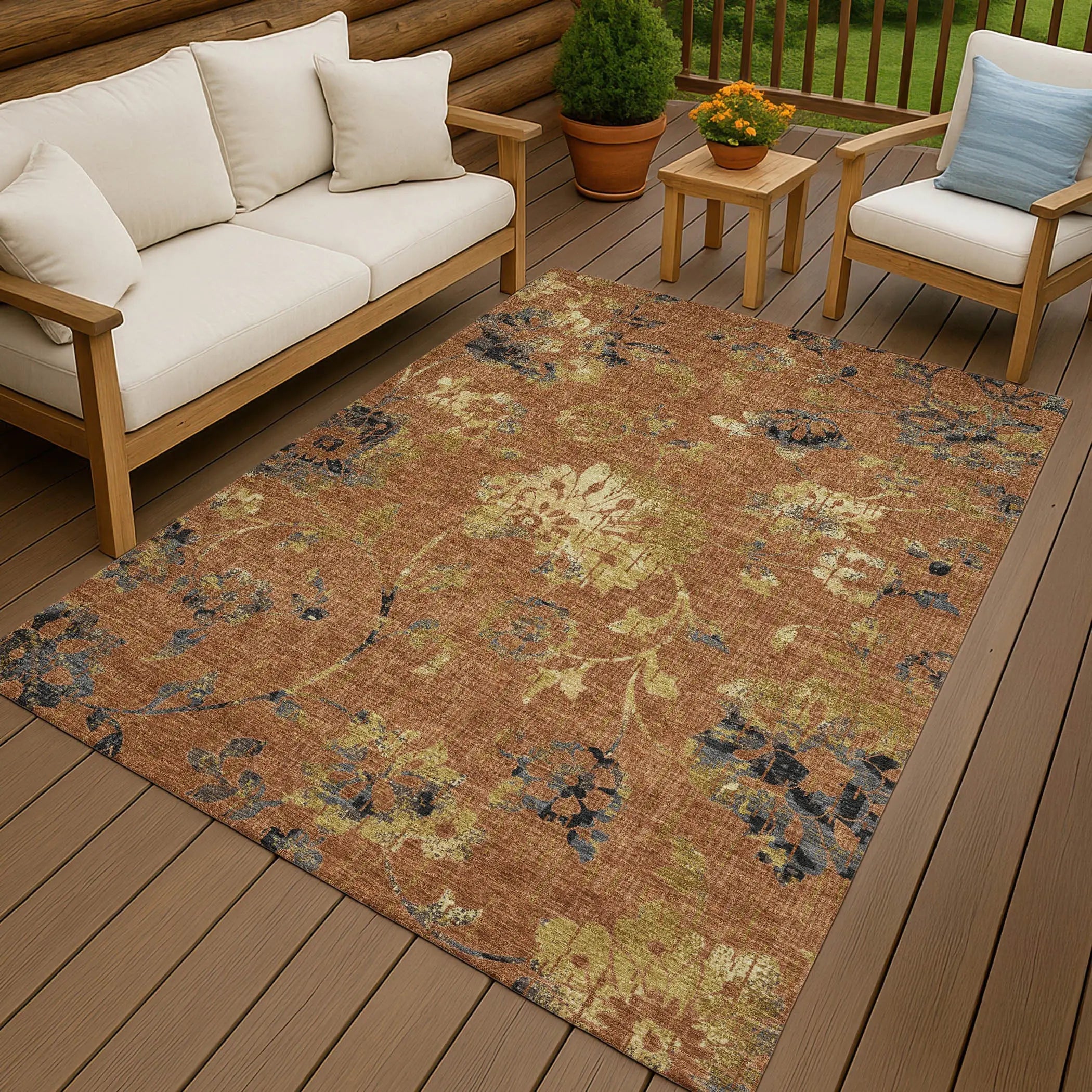 3' X 5' Orange And Rust Floral Washable Indoor Outdoor Area Rug Homeroots Outdoor