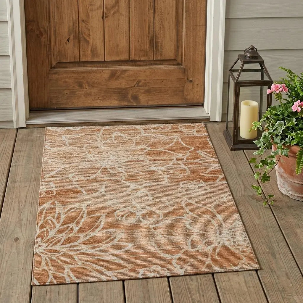 3' X 5' Orange And Rust Floral Washable Indoor Outdoor Area Rug Homeroots Outdoor