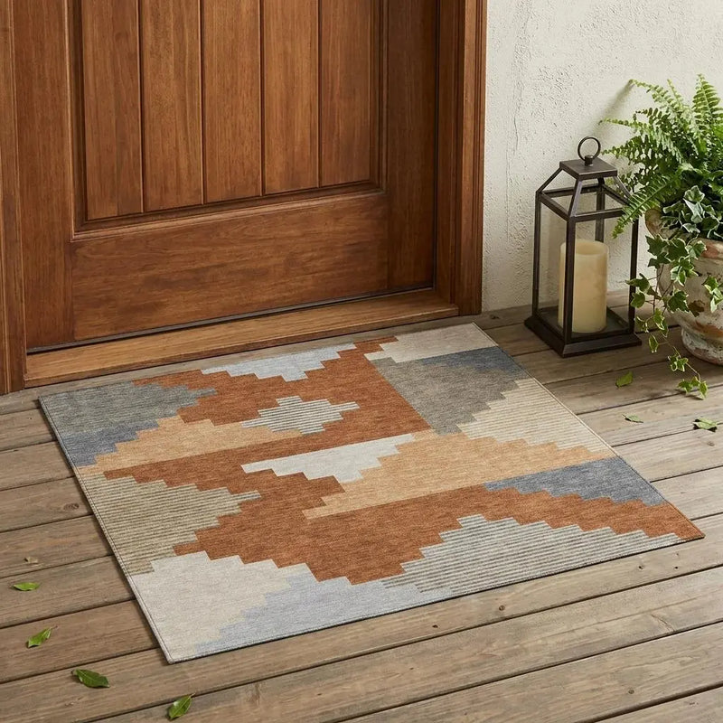 3' X 5' Orange And Silver Geometric Washable Indoor Outdoor Area Rug Homeroots Outdoor