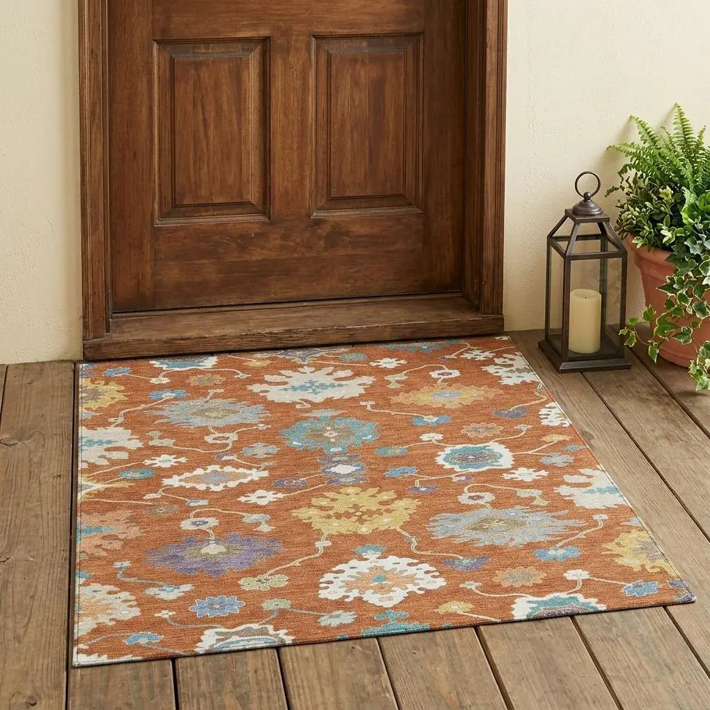 3' X 5' Orange And Teal Blue Oriental Washable Indoor Outdoor Area Rug Homeroots Outdoor