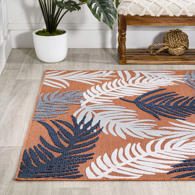 3' X 5' Orange Navy Blue And Ivory Floral Indoor Outdoor Area Rug - GreatEagleInc