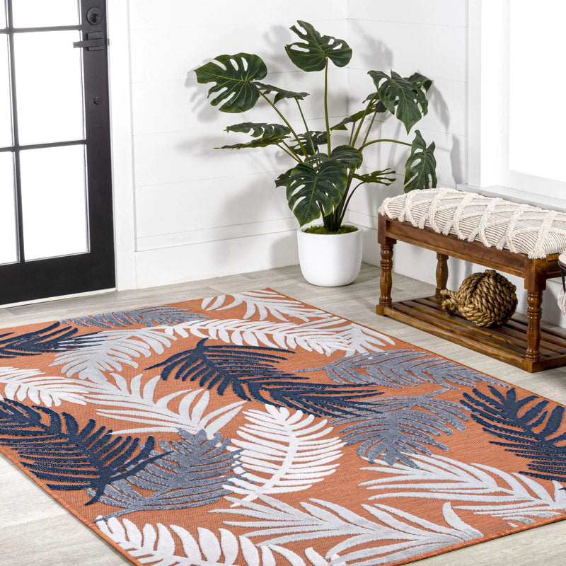 3' X 5' Orange Navy Blue And Ivory Floral Indoor Outdoor Area Rug - GreatEagleInc