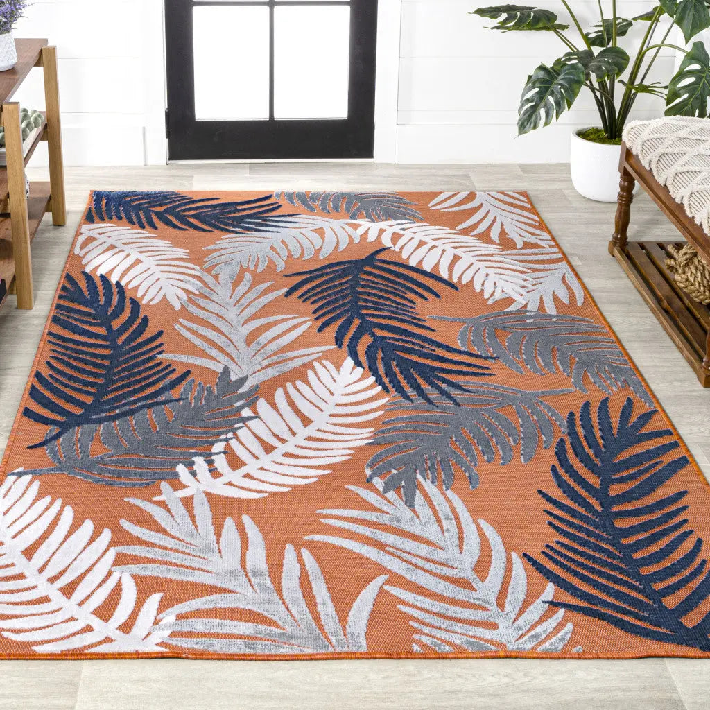 3' X 5' Orange Navy Blue And Ivory Floral Indoor Outdoor Area Rug - GreatEagleInc