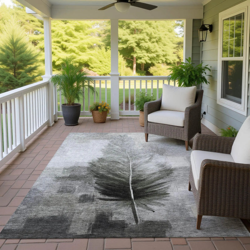 3' X 5' Pewter And Gray Botanical Leaves Washable Indoor Outdoor Area Rug Homeroots Outdoor