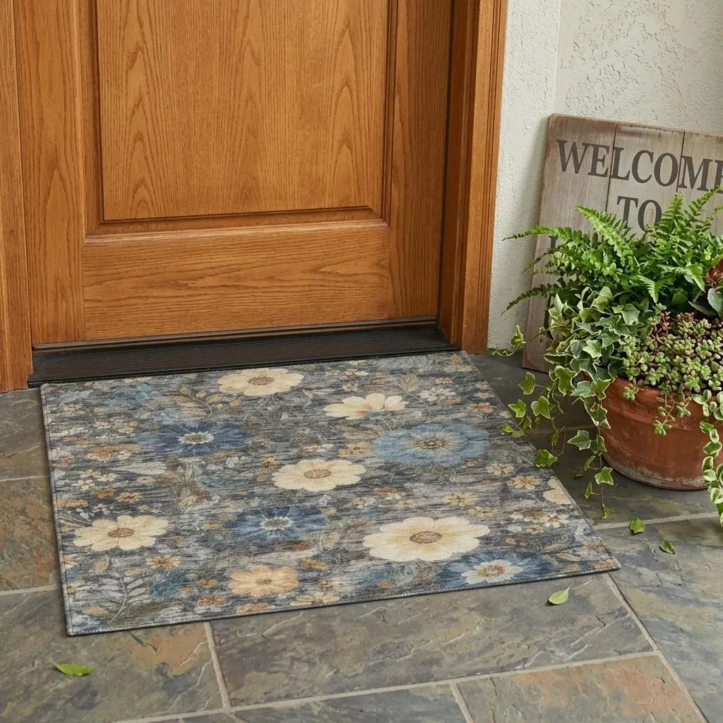 3' X 5' Pewter And Gray Floral Washable Indoor Outdoor Area Rug Homeroots Outdoor