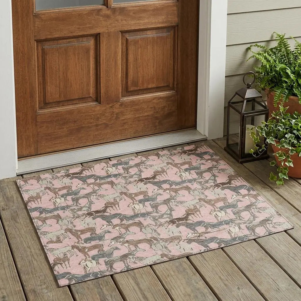 3' X 5' Pink And Gray Horse Washable Indoor Outdoor Area Rug Homeroots Outdoor