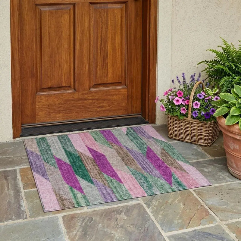 3' X 5' Pink And Green Striped Washable Indoor Outdoor Area Rug Homeroots Outdoor