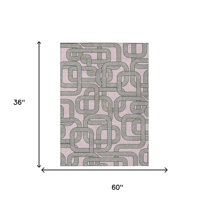 3' X 5' Pink And Pewter Geometric Washable Indoor Outdoor Area Rug Homeroots Outdoor