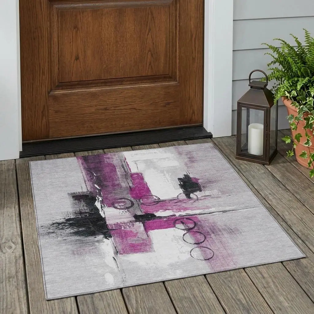 3' X 5' Pink And Silver Abstract Washable Indoor Outdoor Area Rug Homeroots Outdoor
