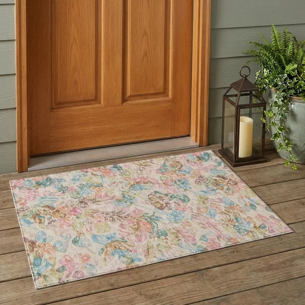 3' X 5' Pink And Tan Floral Washable Indoor Outdoor Area Rug Homeroots Outdoor