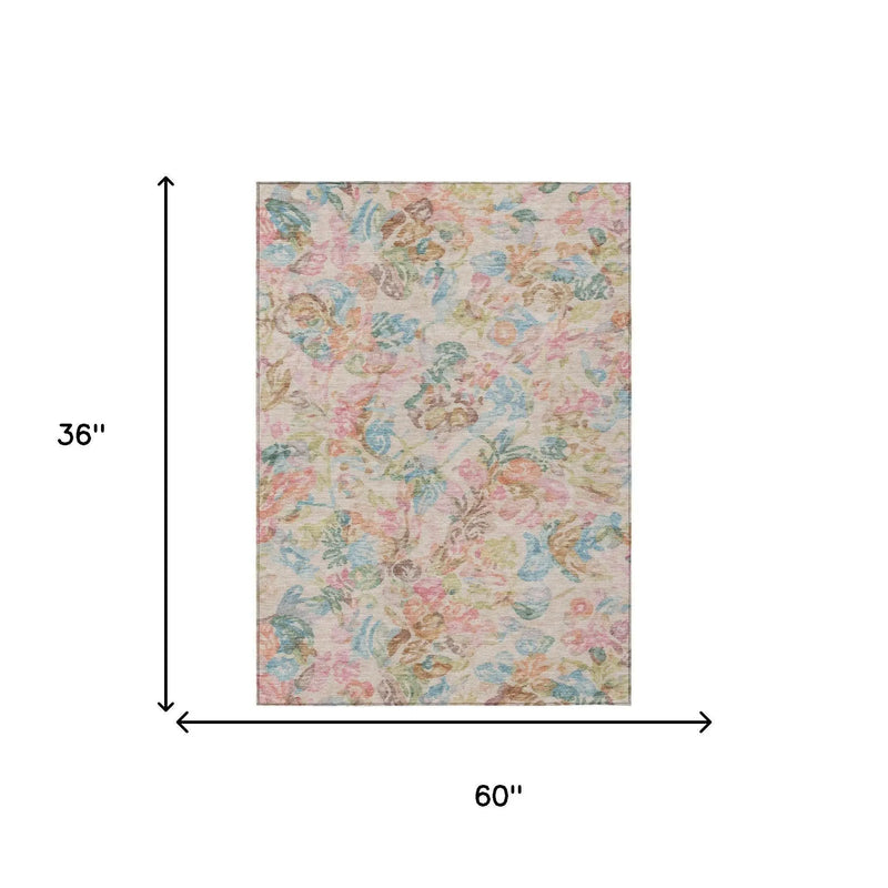 3' X 5' Pink And Tan Floral Washable Indoor Outdoor Area Rug Homeroots Outdoor