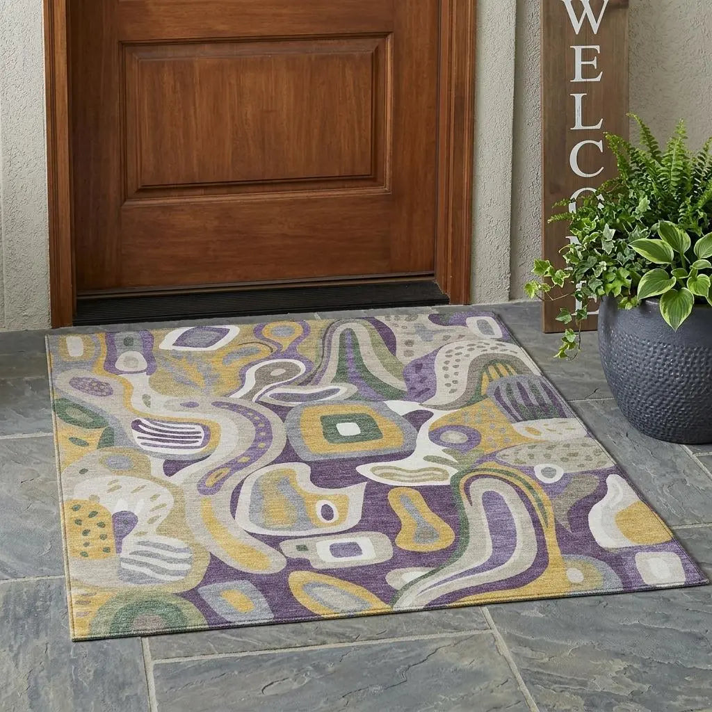3' X 5' Plum And Green Abstract Washable Indoor Outdoor Area Rug Homeroots Outdoor