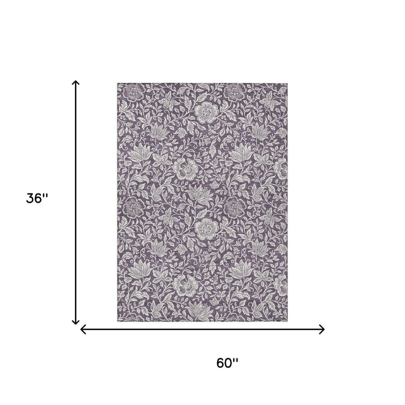 3' X 5' Plum And Ivory Floral Washable Indoor Outdoor Area Rug Homeroots Outdoor