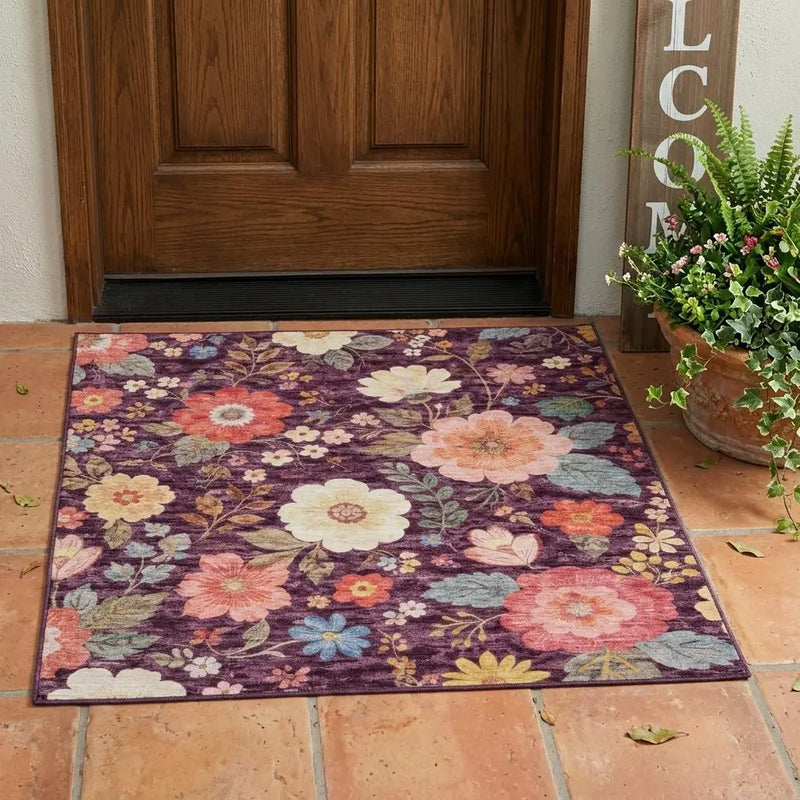 3' X 5' Plum And Purple Floral Washable Indoor Outdoor Area Rug Homeroots Outdoor