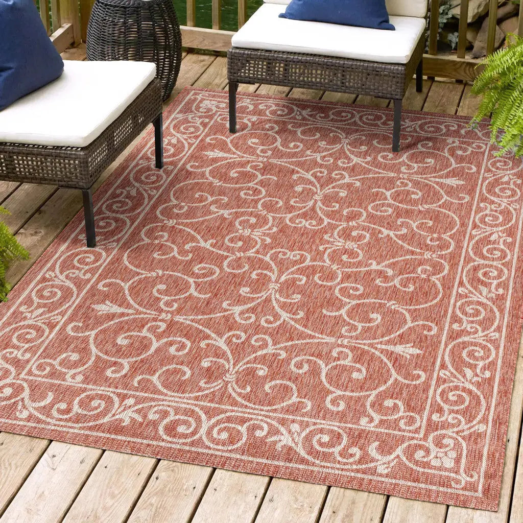3' X 5' Red And Beige Medallion Indoor Outdoor Area Rug Homeroots Outdoor