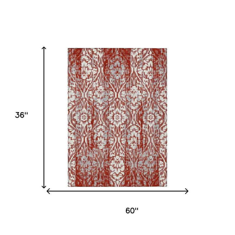 3' X 5' Red And Burgundy Damask Washable Indoor Outdoor Area Rug Homeroots Outdoor
