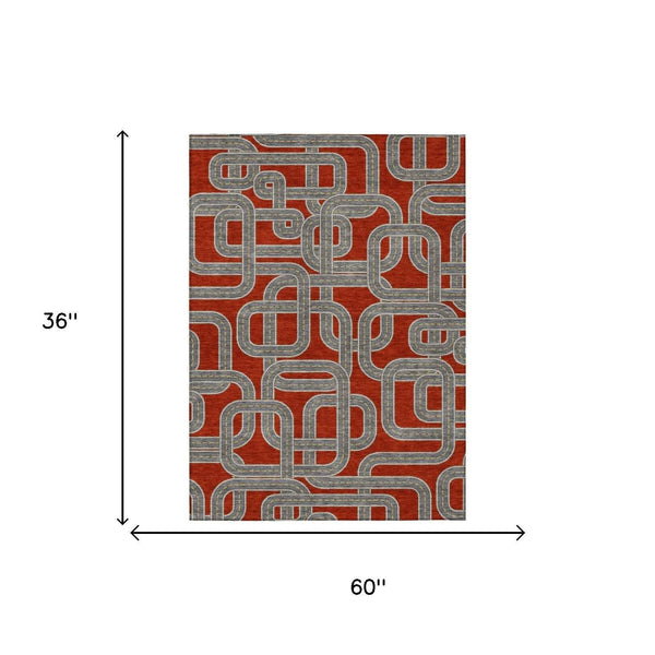 3' X 5' Red And Gray Geometric Washable Indoor Outdoor Area Rug Homeroots Outdoor