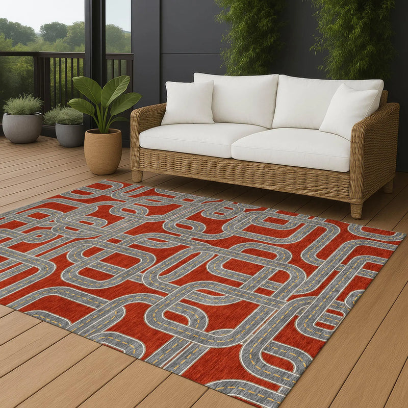 3' X 5' Red And Gray Geometric Washable Indoor Outdoor Area Rug Homeroots Outdoor