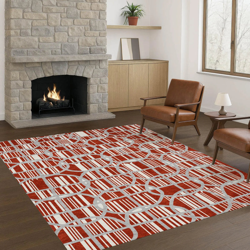 3' X 5' Red And Ivory Geometric Washable Indoor Outdoor Area Rug Homeroots Outdoor