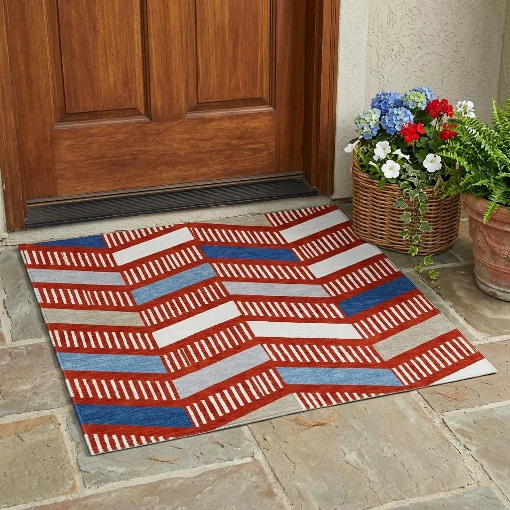 3' X 5' Red And Ivory Geometric Washable Indoor Outdoor Area Rug Homeroots Outdoor