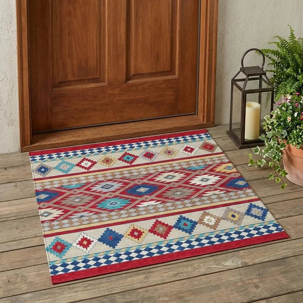 3' X 5' Red And Ivory Southwestern Washable Indoor Outdoor Area Rug Homeroots Outdoor