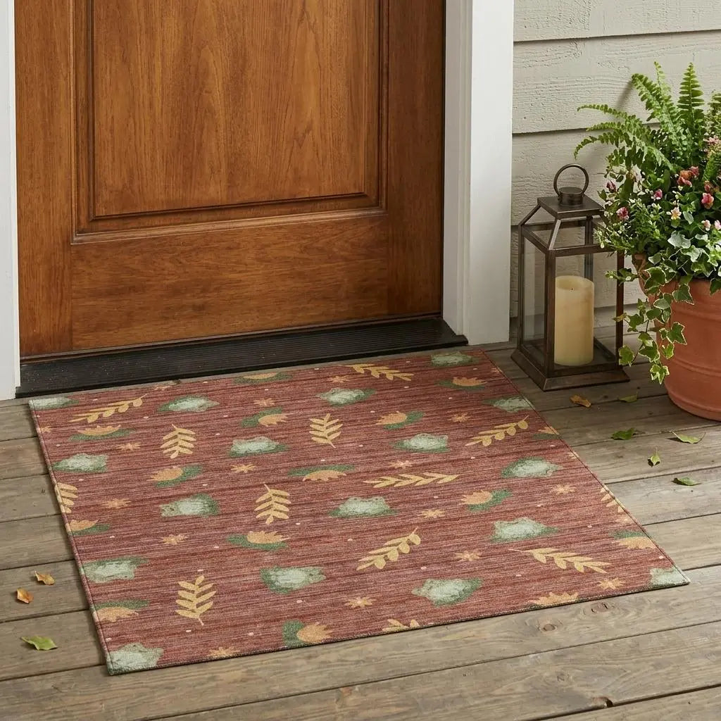 3' X 5' Red And Merlot Botanical Leaves Washable Indoor Outdoor Area Rug Homeroots Outdoor