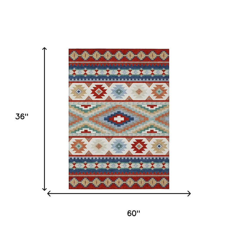 3' X 5' Red And Navy Blue Southwestern Washable Indoor Outdoor Area Rug Homeroots Outdoor