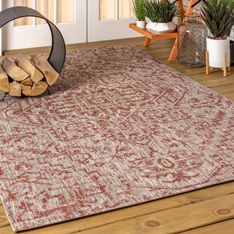 3' X 5' Red And Taupe Medallion Indoor Outdoor Area Rug Homeroots Outdoor