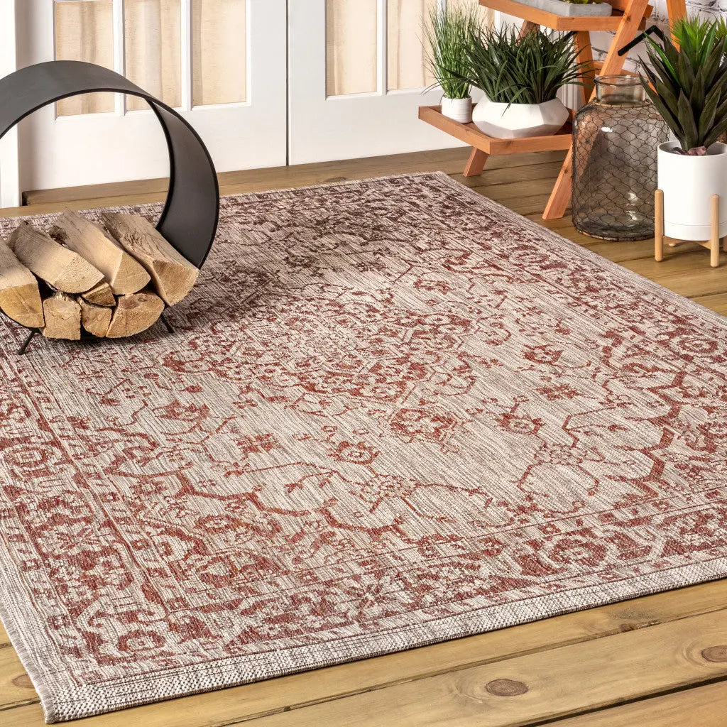 3' X 5' Red And Taupe Medallion Indoor Outdoor Area Rug Homeroots Outdoor