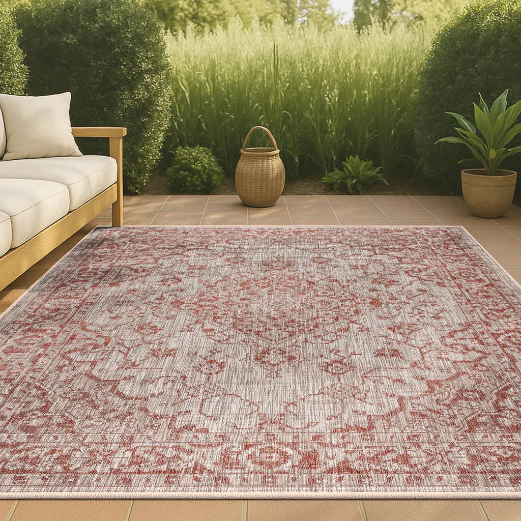 3' X 5' Red And Taupe Medallion Indoor Outdoor Area Rug Homeroots Outdoor