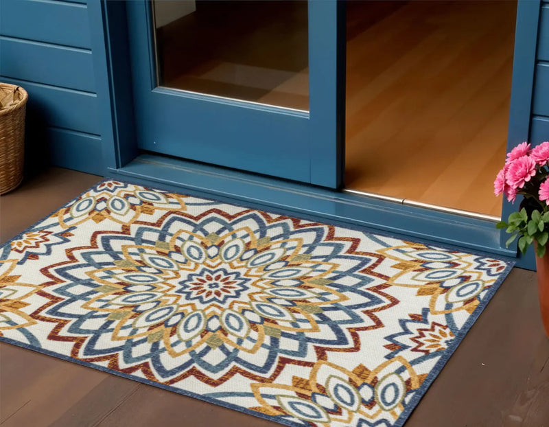 3' X 5' Red Blue And Yellow Medallion Indoor Outdoor Area Rug Homeroots Outdoor