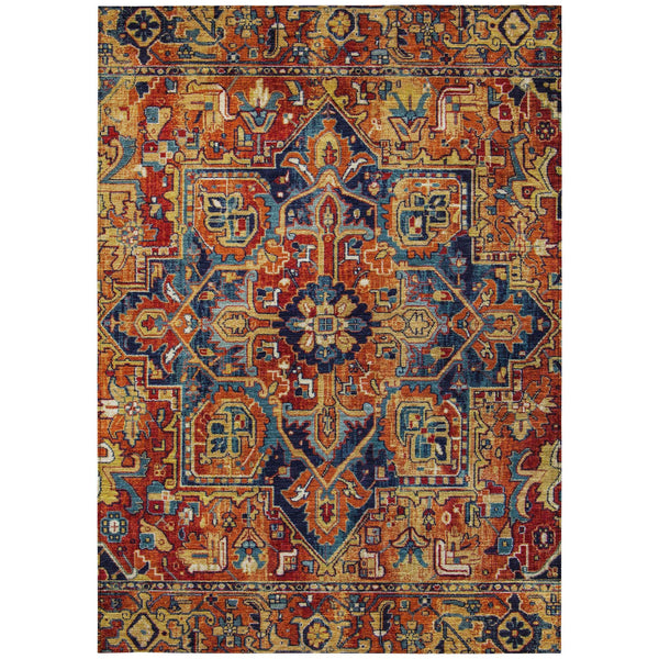 3' X 5' Red Orange and Blue Oriental Washable Non Skid Indoor Outdoor Area Rug - GreatEagleInc