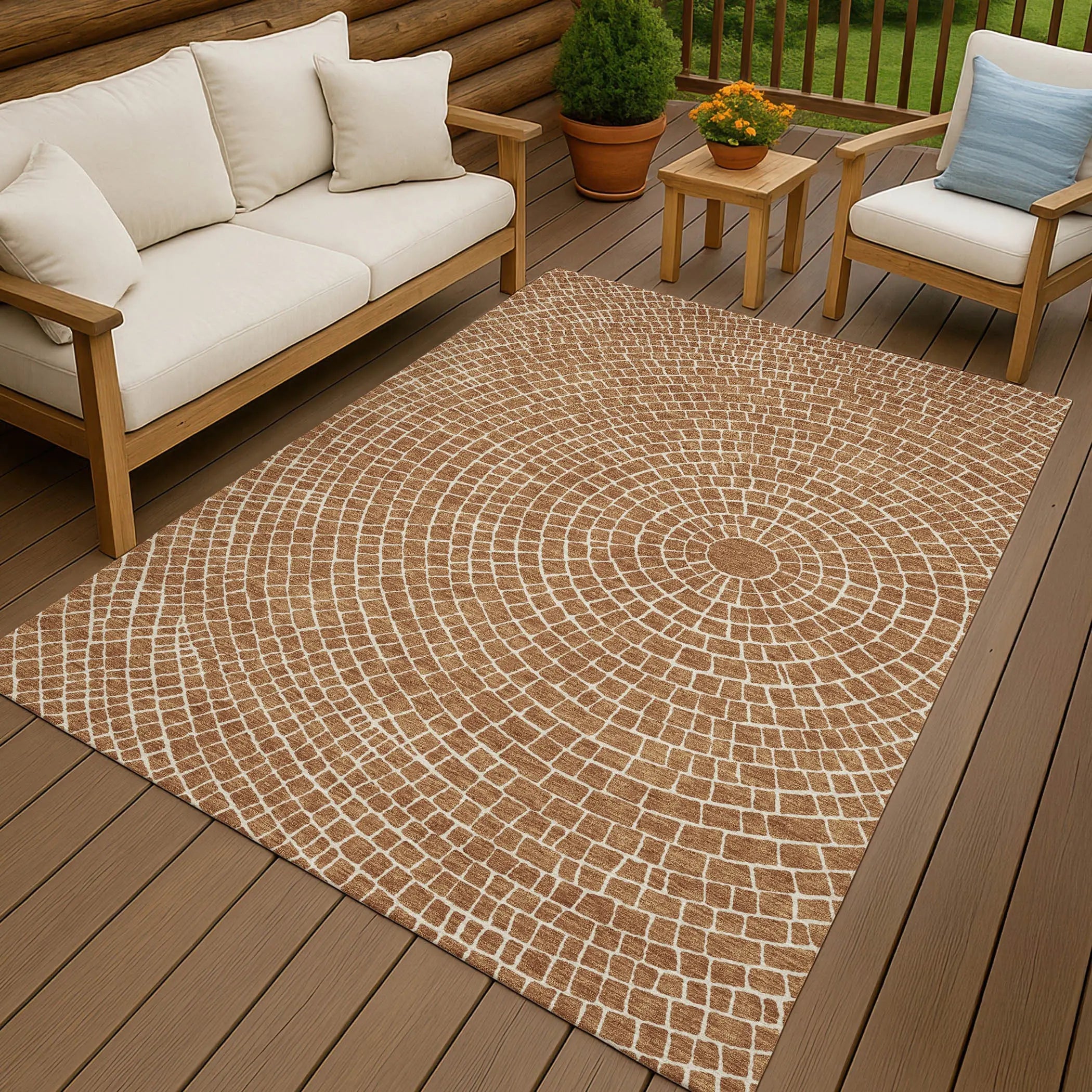 3' X 5' Rust And Ivory Geometric Washable Indoor Outdoor Area Rug Homeroots Outdoor
