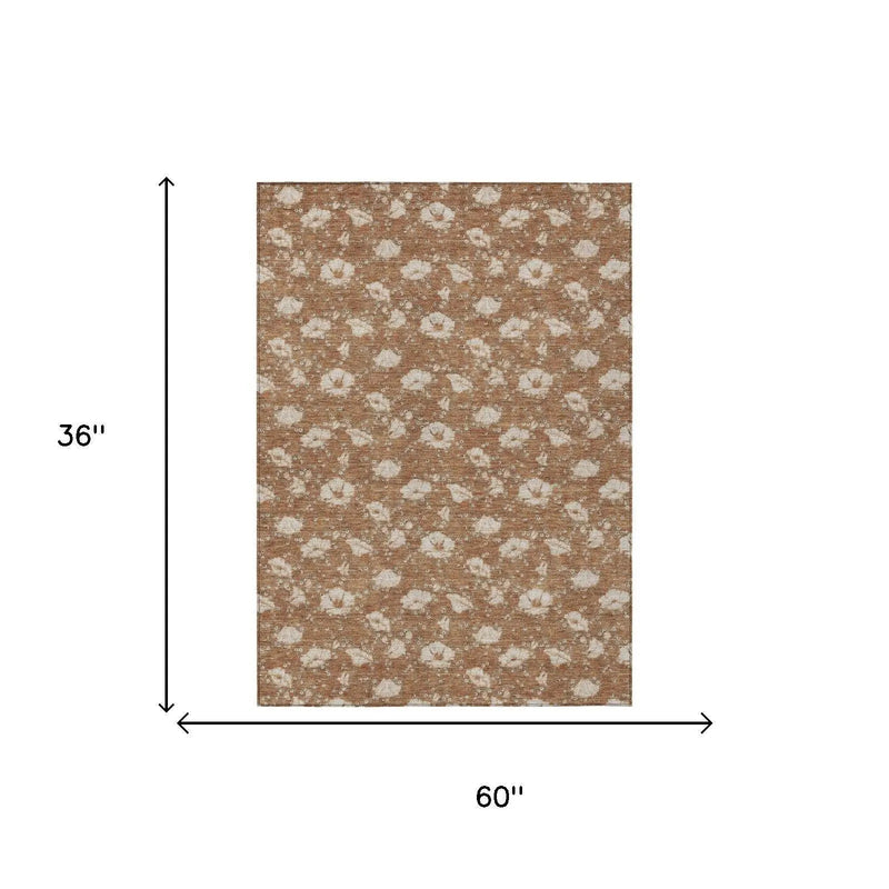 3' X 5' Rust And Orange Floral Washable Indoor Outdoor Area Rug Homeroots Outdoor