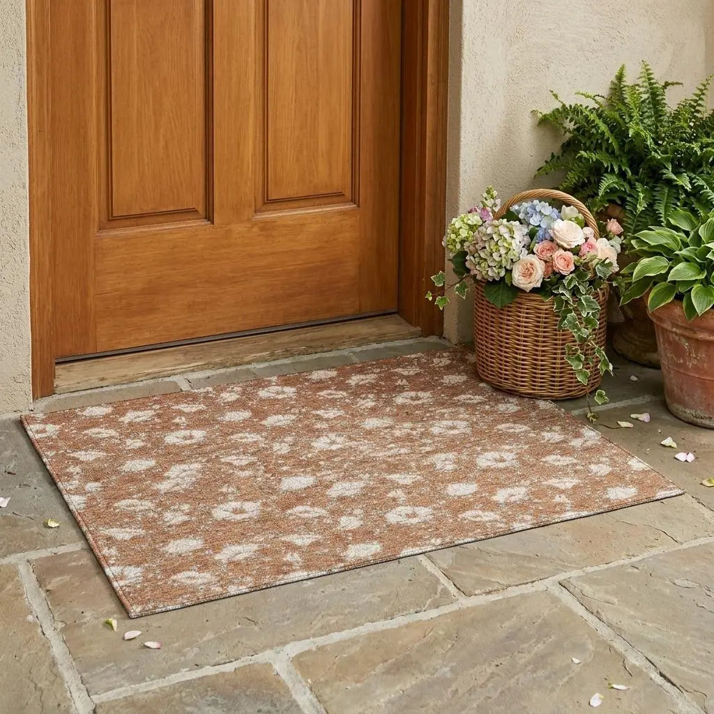 3' X 5' Rust And Orange Floral Washable Indoor Outdoor Area Rug Homeroots Outdoor