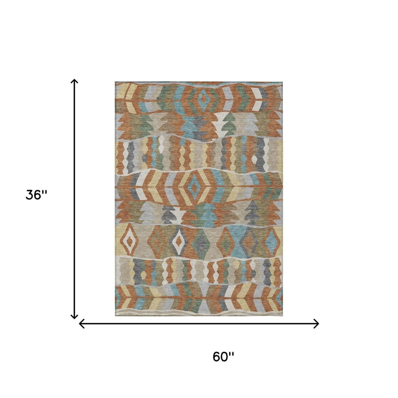 3' X 5' Rust And Orange Geometric Washable Indoor Outdoor Area Rug Homeroots Outdoor